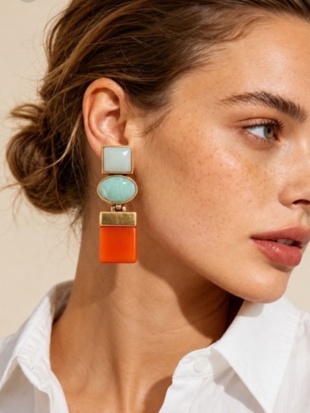 NEW! ZARA Geometric Gold-Tone Orange and Green Mint Statement Drop Earrings